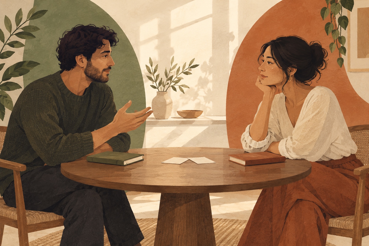 Two people listening and sharing thoughtfully in a warm space